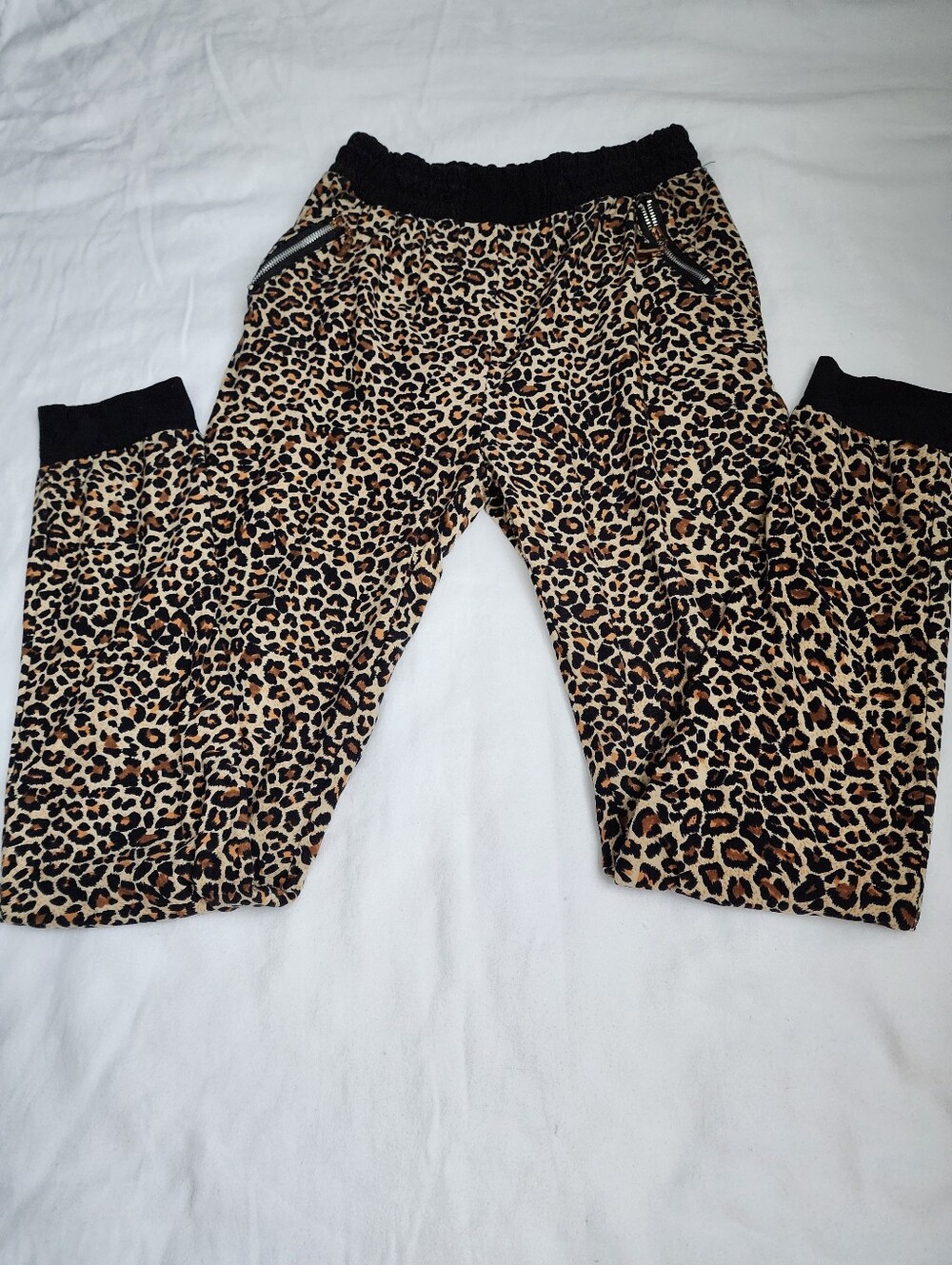 Womens Leopard Animal Print Zipper Pocket Joggers Stretch Pants S M